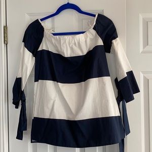 Zara Off the Shoulder Navy and White Striped Shirt